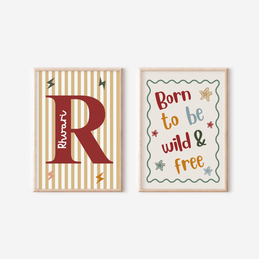 Boys scandi personalised "born to be wild" print set for bedroon, nursery or playroom
