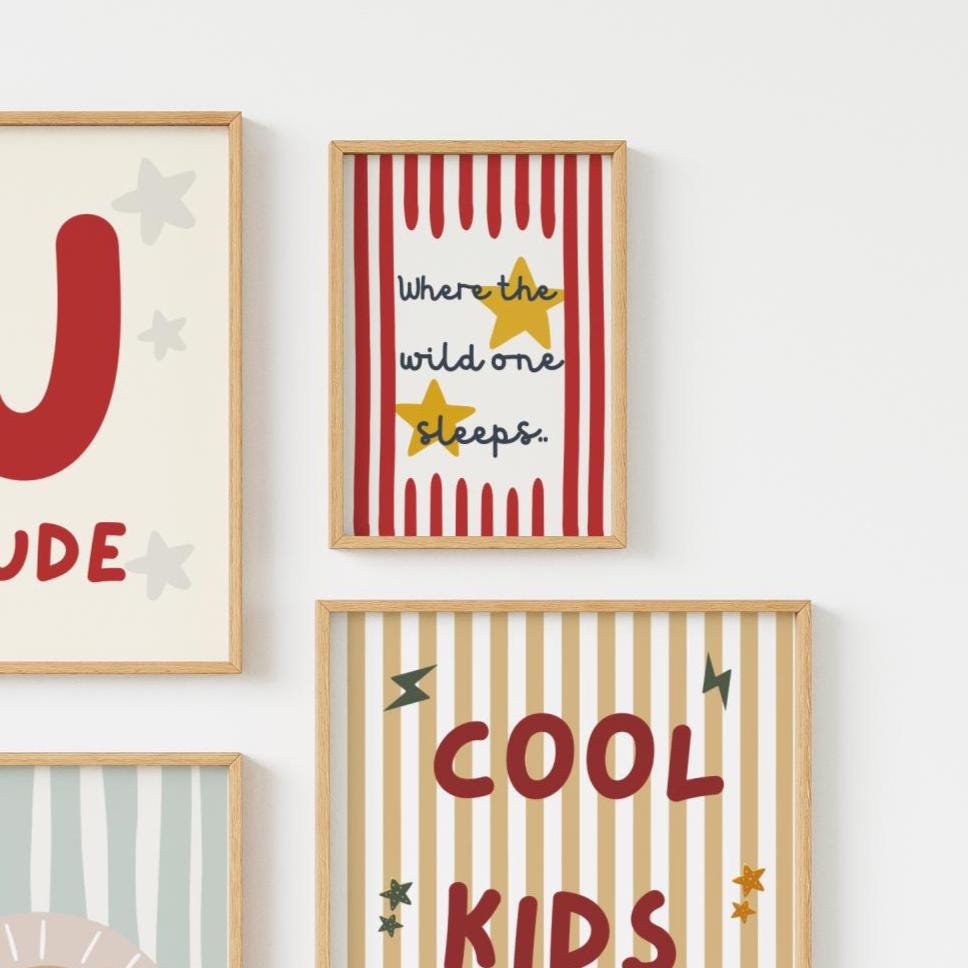 personalised neutral scandi style childrens wall print set for bedroom, nursery or playroom