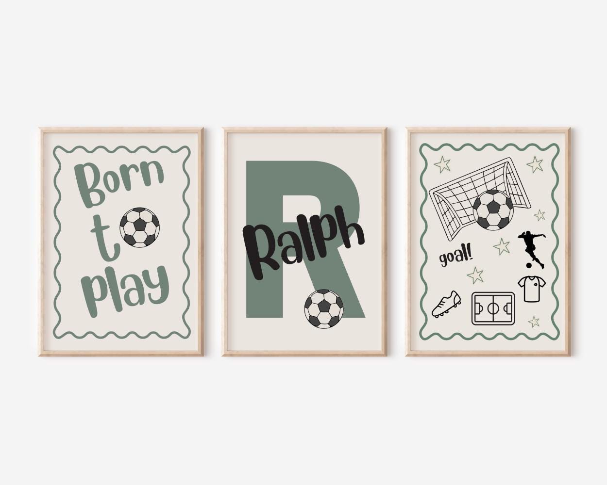 personalised Set of 3 football themed wall Art Prints for bedroom, nursery or playroom