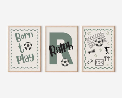 personalised Set of 3 football themed wall Art Prints for bedroom, nursery or playroom