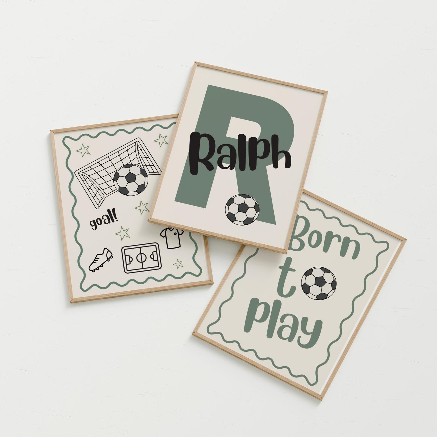 personalised Set of 3 football themed wall Art Prints for bedroom, nursery or playroom