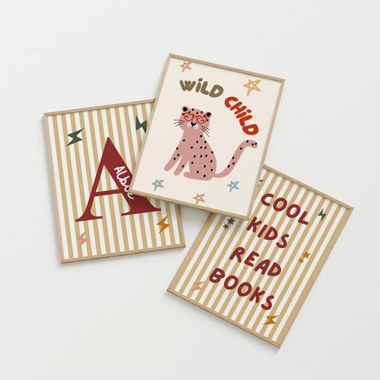 Set of personalised "cool kids read books" scandi wall prints for childrens bedroom or playroom