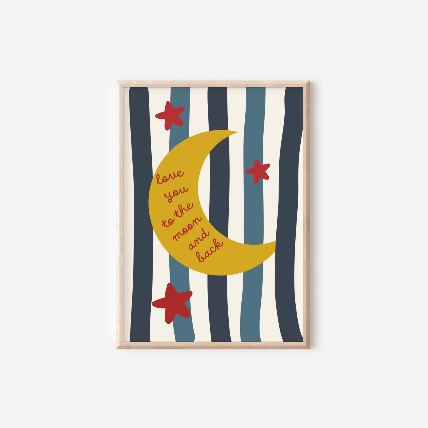 Love You To The Moon blue and red striped wall print for childrens bedroom, playroom or nursery