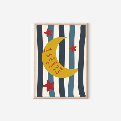 Love You To The Moon blue and red striped wall print for childrens bedroom, playroom or nursery