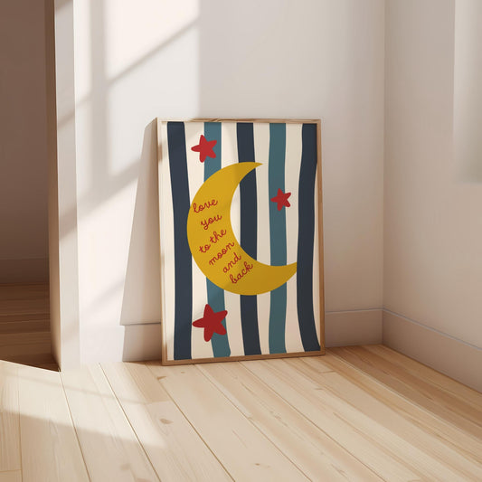 Love You To The Moon blue and red striped wall print for childrens bedroom, playroom or nursery