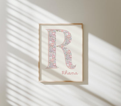 girls floral personalised initial and name wall print for nursery, bedroom or playroom