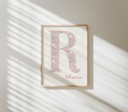 girls floral personalised initial and name wall print for nursery, bedroom or playroom
