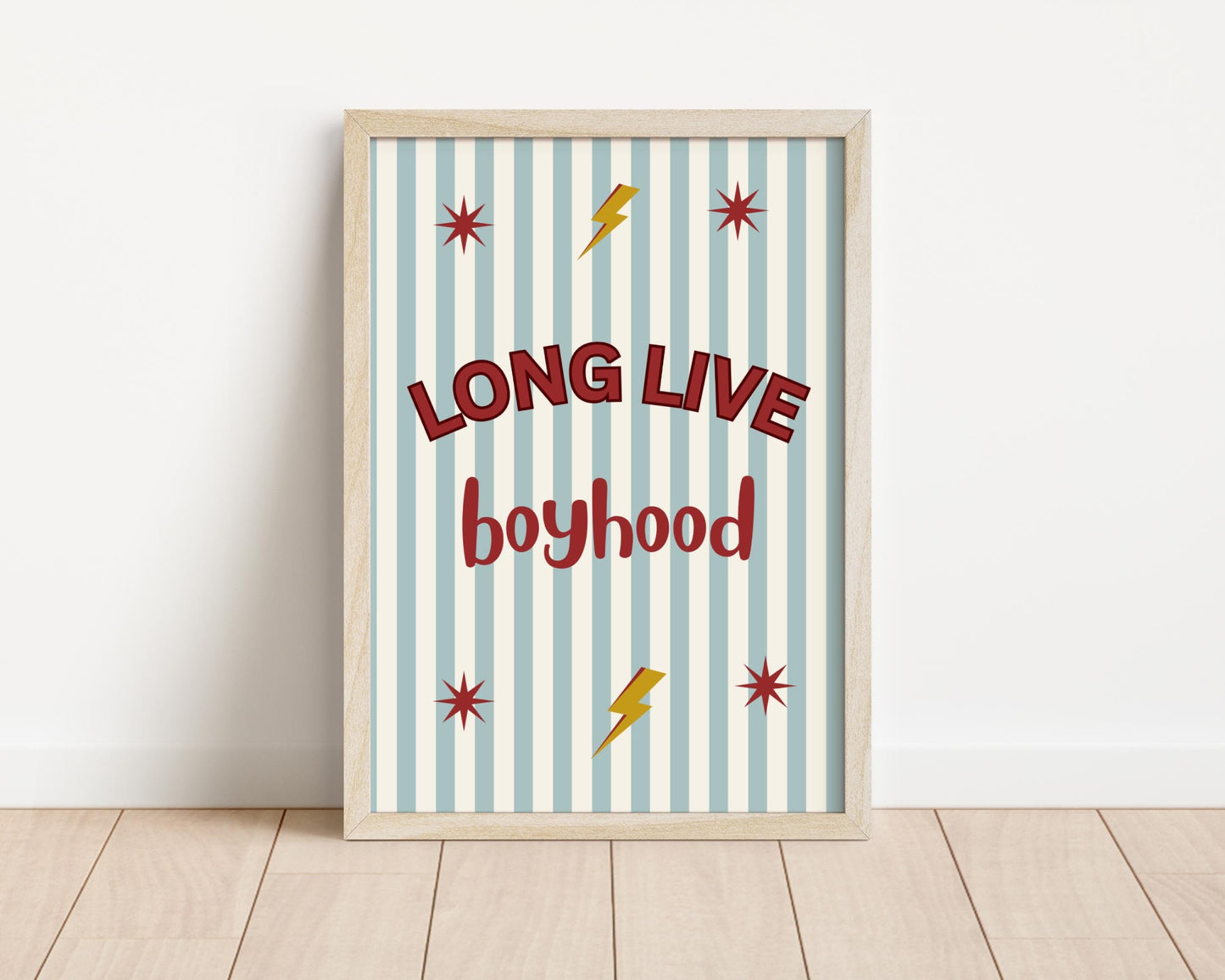 Long Live Boyhood blue and red striped wall print for for boys bedroom or nursery