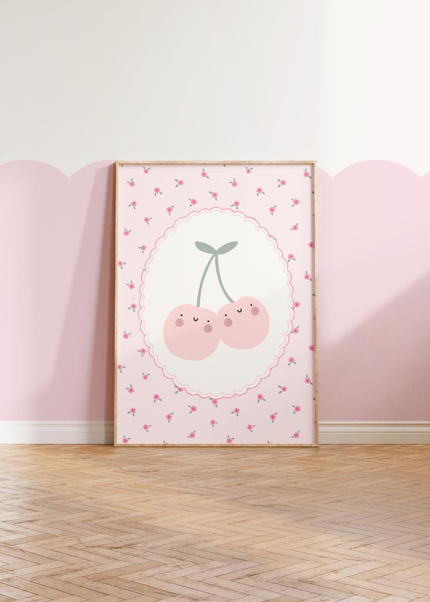happy cherry floral pink wall print for girls bedroom, nursery or playroom, girls nursery decor