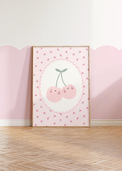 happy cherry floral pink wall print for girls bedroom, nursery or playroom, girls nursery decor