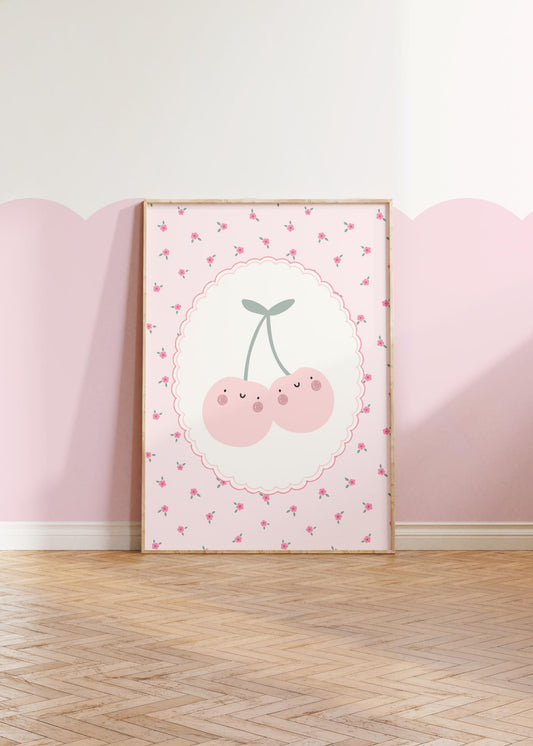 happy cherry floral pink wall print for girls bedroom, nursery or playroom, girls nursery decor