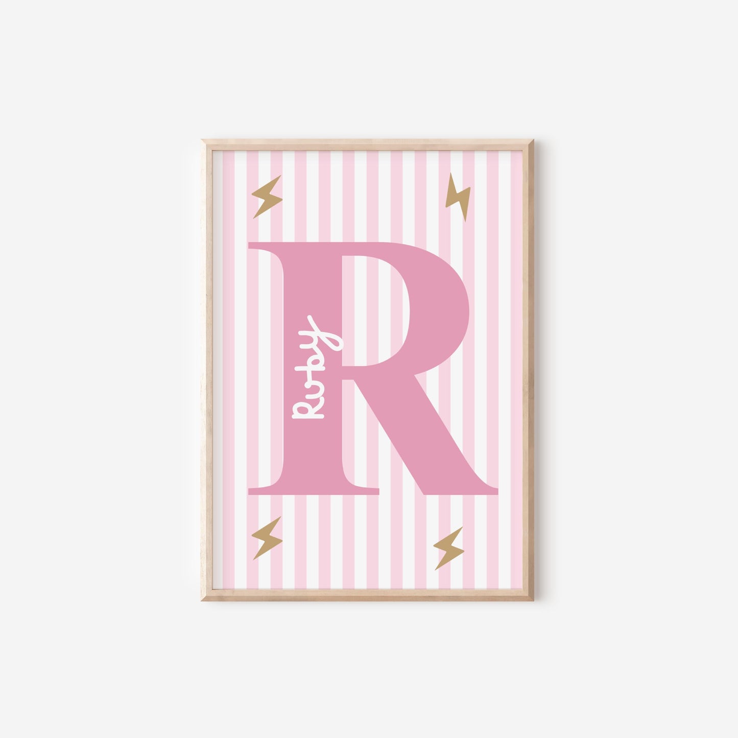 girls pink initial and name striped wall print for bedroom, nursery or playroom