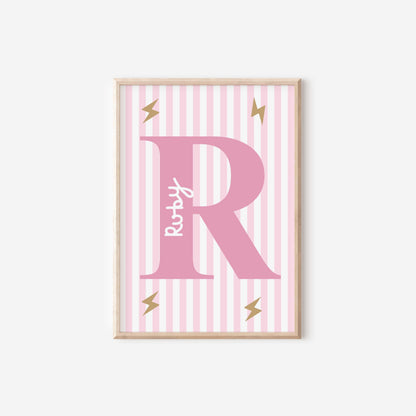 girls pink initial and name striped wall print for bedroom, nursery or playroom