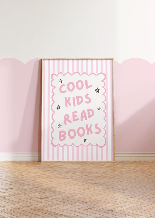 cool kids read books pink girls wall print for childrens bedroom, nursery or playroom