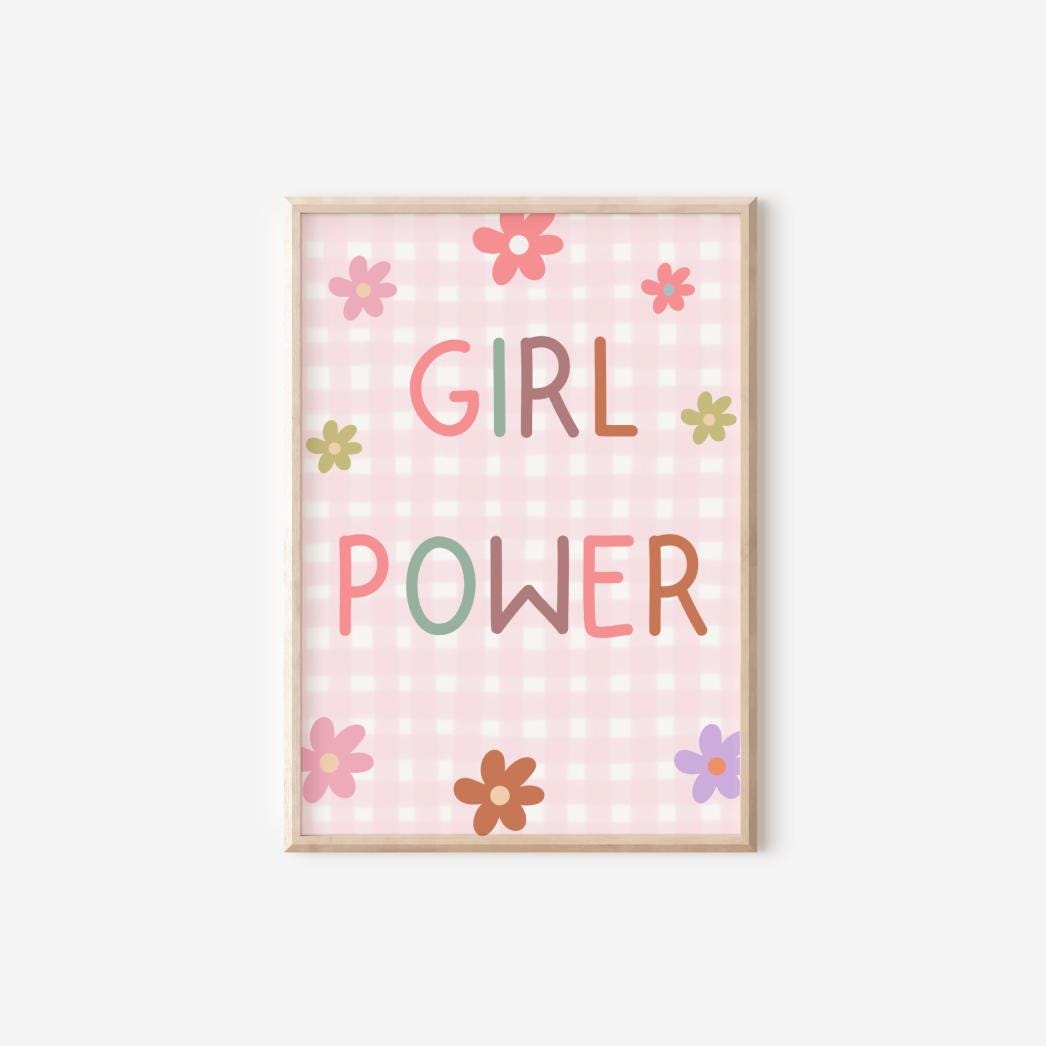 girl power room print pink gingham flowers, girls positive wall print for bedroom, playroom or nursery