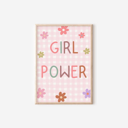 girl power room print pink gingham flowers, girls positive wall print for bedroom, playroom or nursery