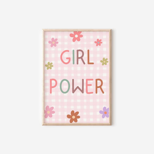 girl power room print pink gingham flowers, girls positive wall print for bedroom, playroom or nursery