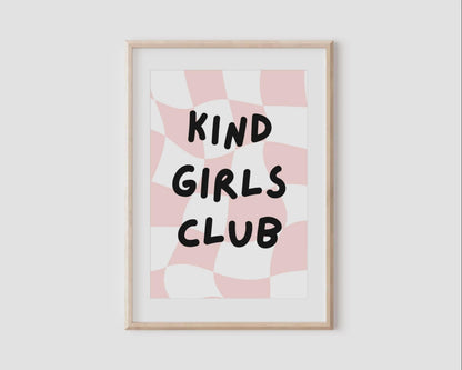 kind girls club pink checkered set of 2 wall print set for bedroom or playroom