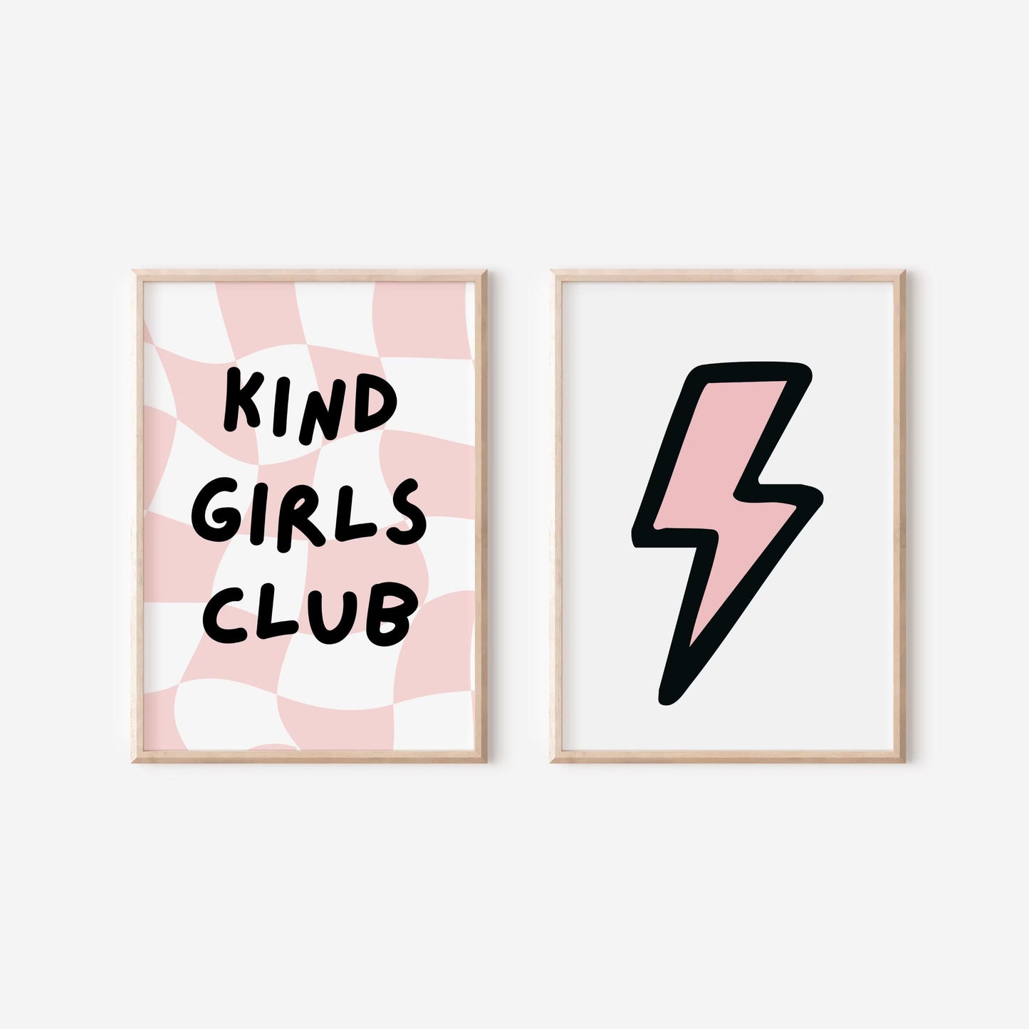 kind girls club pink checkered set of 2 wall print set for bedroom or playroom