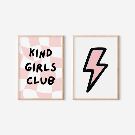 kind girls club pink checkered set of 2 wall print set for bedroom or playroom