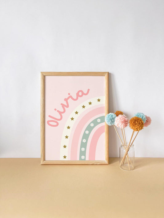 girls personalised rainbow and star walll print for bedroom or nursery