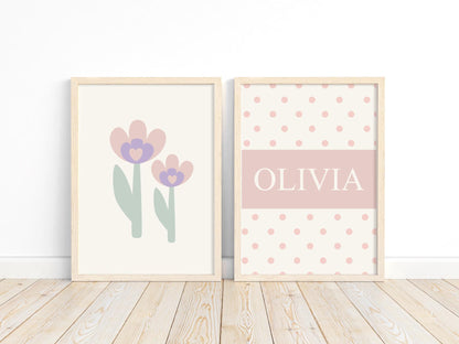 girls personalised floral wall print set of 2 for nursery, bedroom or playroom