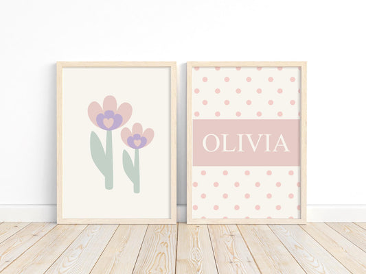 girls personalised floral wall print set of 2 for nursery, bedroom or playroom