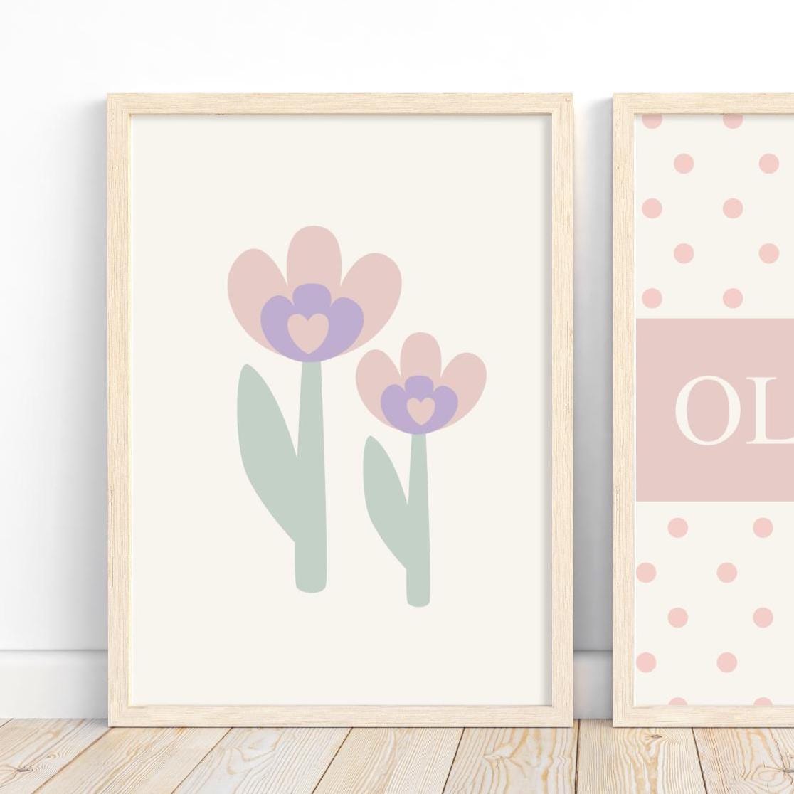 girls personalised floral wall print set of 2 for nursery, bedroom or playroom