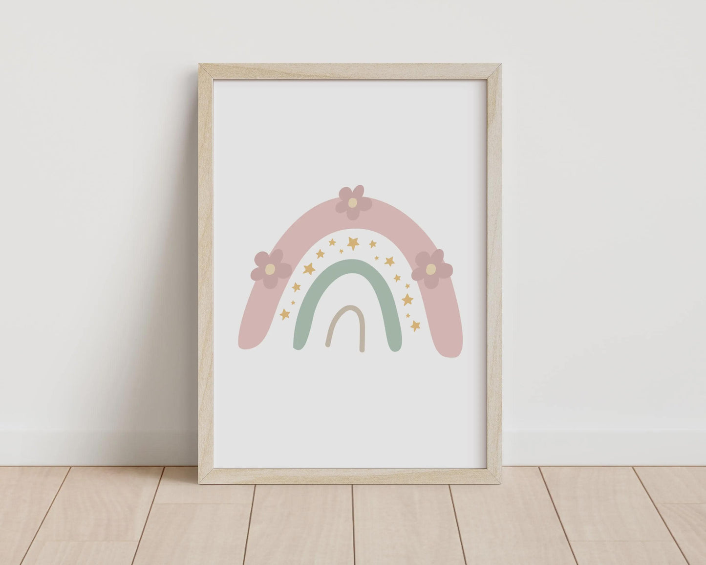 set of 3 personalised girls rainbow whimsical floral designs for bedroom, nursery or playroom