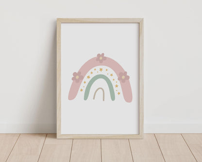set of 3 personalised girls rainbow whimsical floral designs for bedroom, nursery or playroom