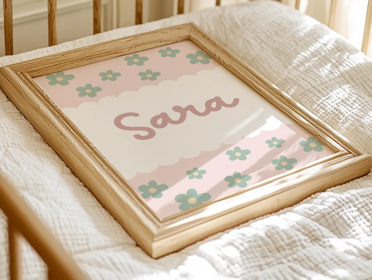 girls personalised name floral daisy wall print for bedroom or nursery