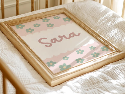 girls personalised name floral daisy wall print for bedroom or nursery