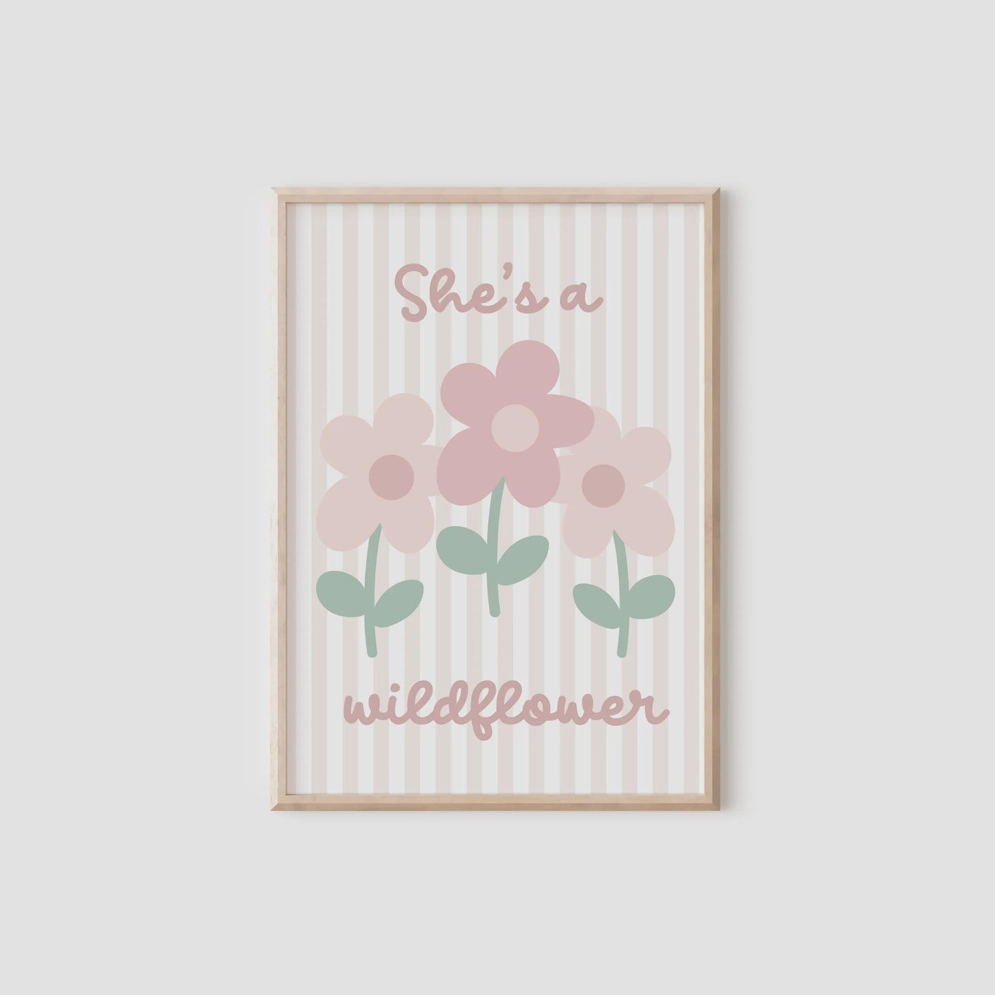 she's a wildflower floral striped wall  print for girls bedroom, nursery or playroom, childrens wall decor, pastel colour art