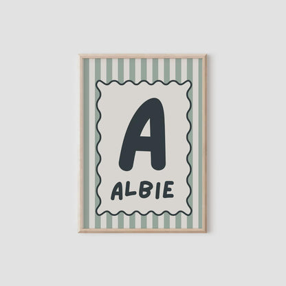 boys personalised scallop green name wall print design for bedroom or nursery