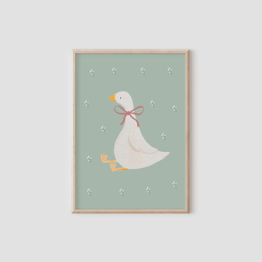 girls personalised green floral scallop daisy and whimiscal goose wall print set for bedroom or nursery