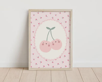 happy cherry floral pink wall print for girls bedroom, nursery or playroom, girls nursery decor