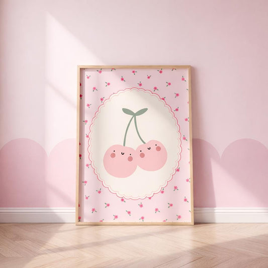 happy cherry floral pink wall print for girls bedroom, nursery or playroom, girls nursery decor