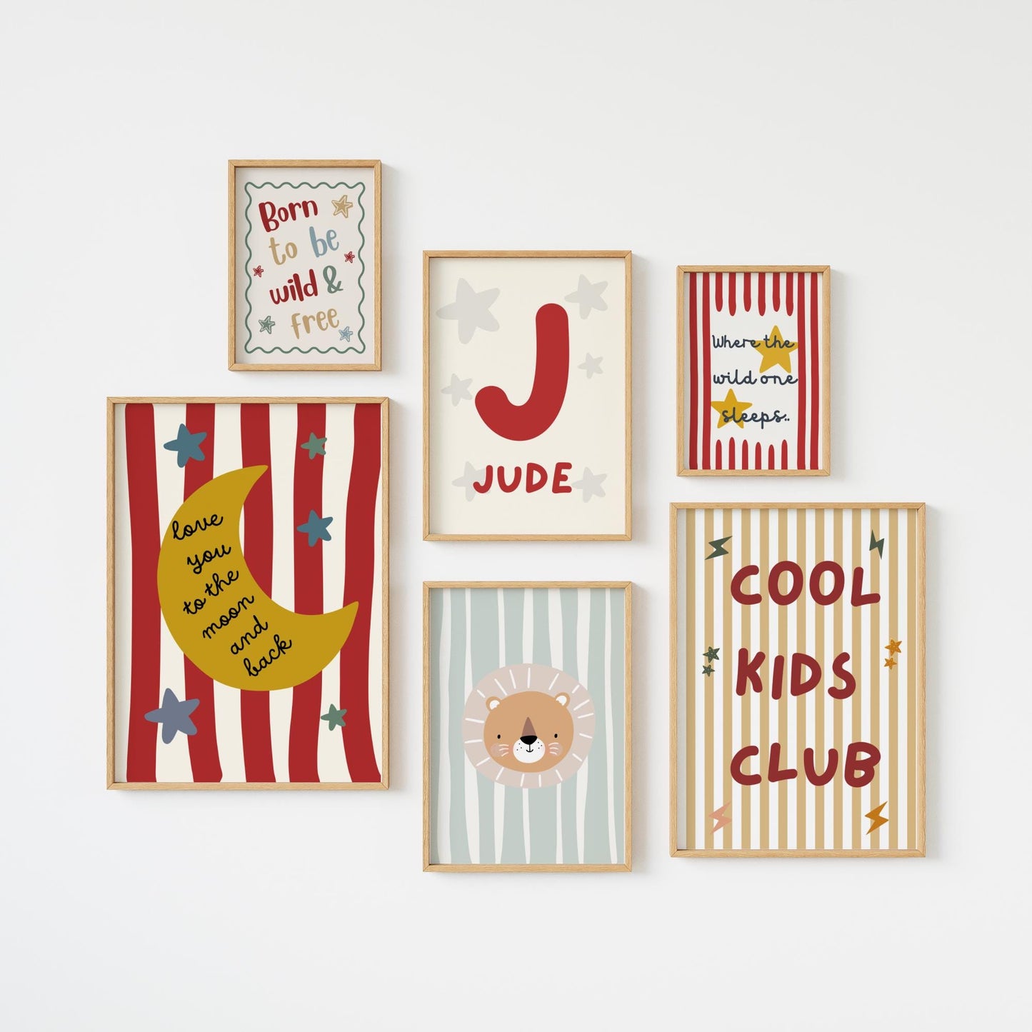 personalised neutral scandi style childrens wall print set for bedroom, nursery or playroom