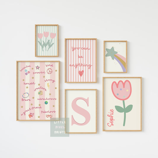 girls floral personalised affirmation gallery wall print set for bedroom or nursery