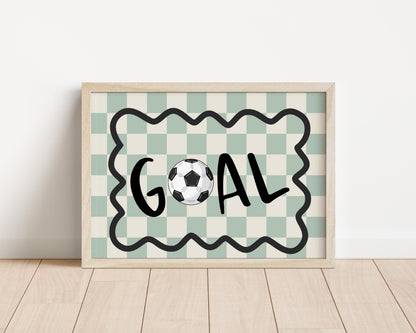 football themed checkered "goal" print for boys bedroom or playroom or nursery, teen footballer wall print, boys room decor