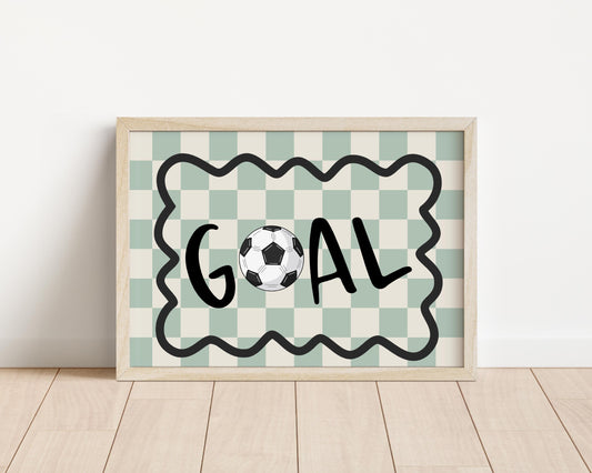 football themed checkered "goal" print for boys bedroom or playroom or nursery, teen footballer wall print, boys room decor