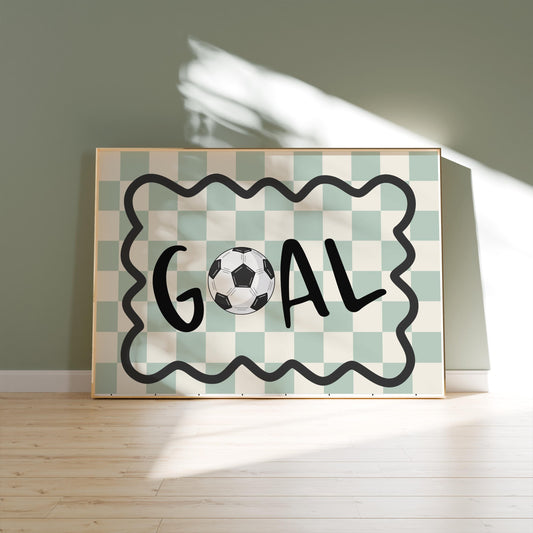 football themed checkered "goal" print for boys bedroom or playroom or nursery, teen footballer wall print, boys room decor