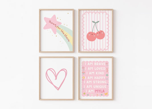girls gallery set of affirmation wall prints, cherry, heart and star prints for nursery or bedroom