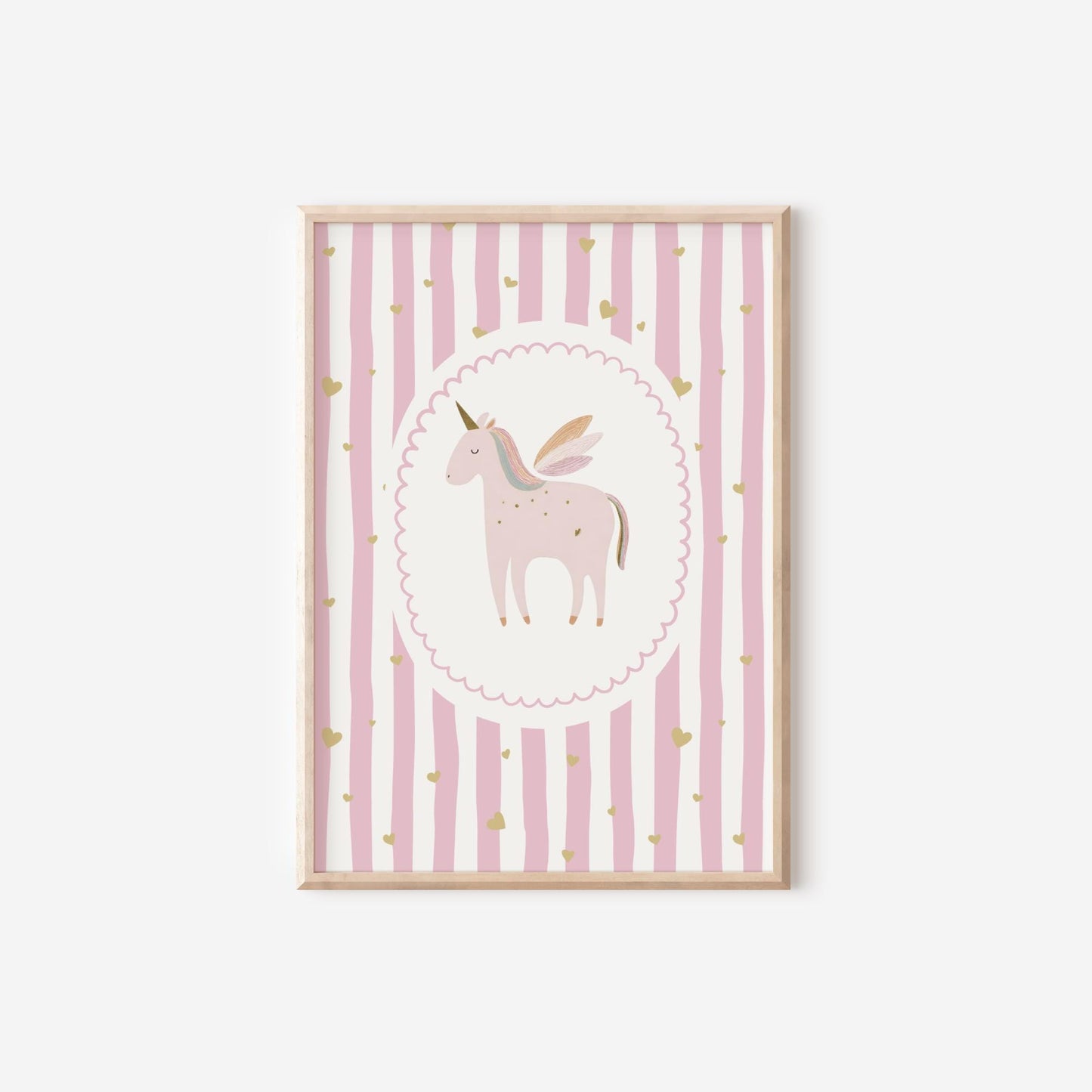 scallop border unicorn print for girls bedroom, nursery or playroom, pink unicorn striped print