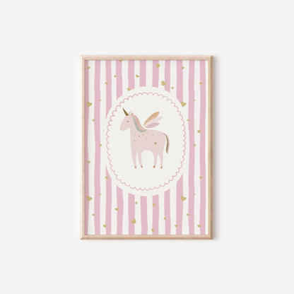 scallop border unicorn print for girls bedroom, nursery or playroom, pink unicorn striped print