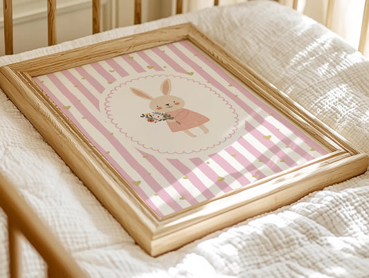 Pink bunny nursery print, cure rabbit wall art for girls bedroom or playroom