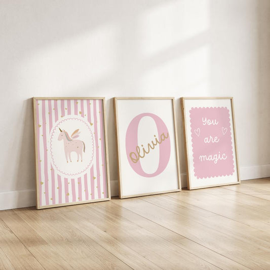 girls personalised unicorn :you are magic" pink print set of 3 for bedroom or nursery