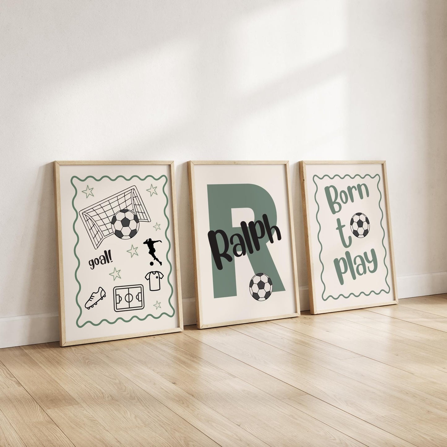 personalised Set of 3 football themed wall Art Prints for bedroom, nursery or playroom
