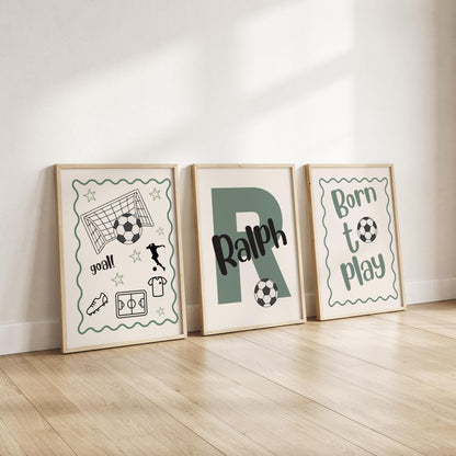personalised Set of 3 football themed wall Art Prints for bedroom, nursery or playroom