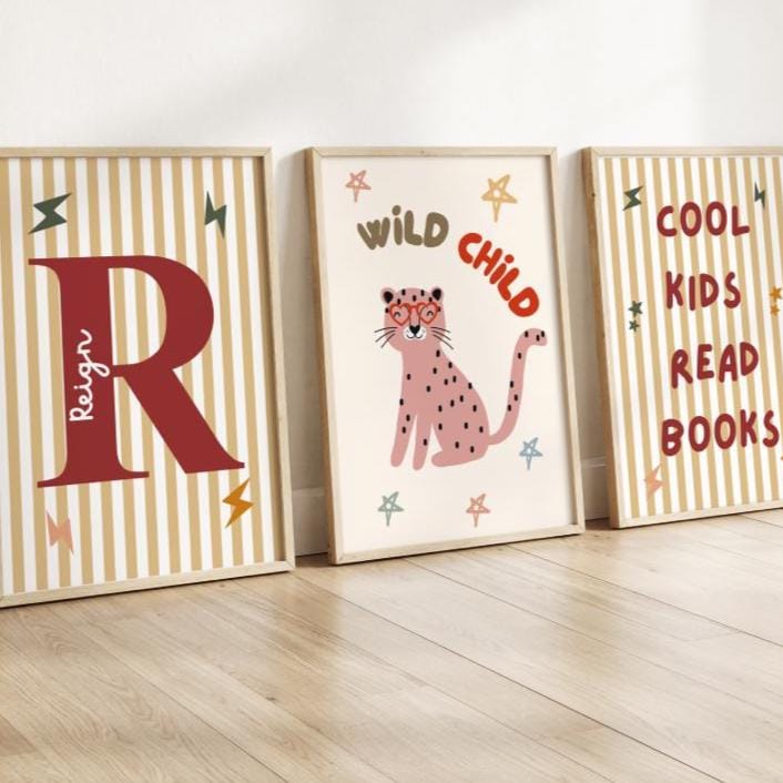 Set of personalised "cool kids read books" scandi wall prints for childrens bedroom or playroom